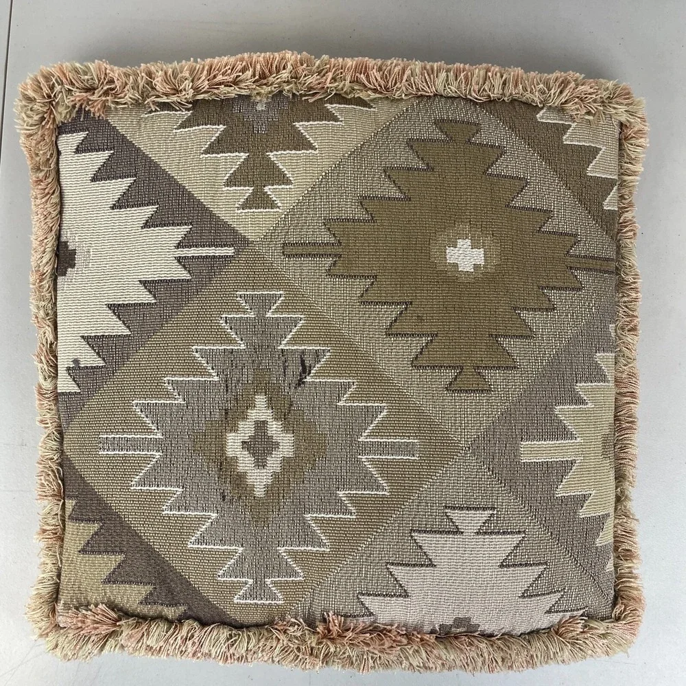 Aztec Throw Pillow Accent 19x19 Beige Brown Fringe Trim Southwest Cowboy Boho